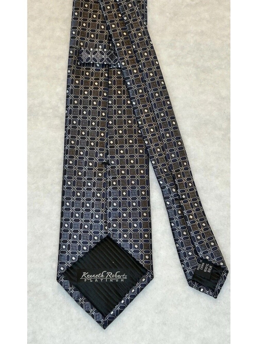 105-Kenneth Roberts Platinum Men's Woven Silk Geometric Tie Blue Brown White